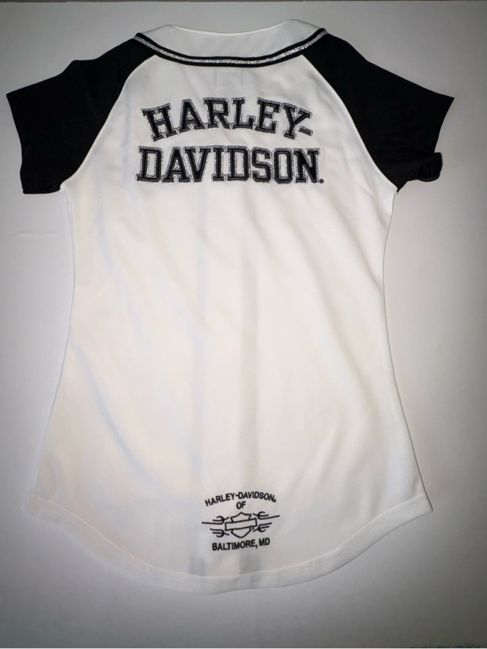 Harley-Davidson Jersey Top Small White Black Button Front Logo - Picture 5 of 5
